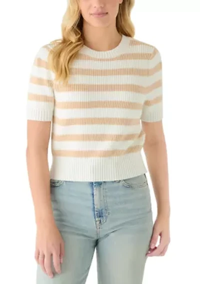 Women's Short Puff Sleeve Striped Crew Neck Sweater