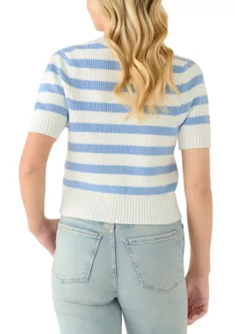 Women's Short Puff Sleeve Striped Crew Neck Sweater