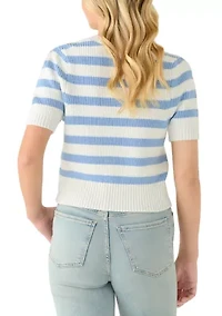 Women's Short Puff Sleeve Striped Crew Neck Sweater