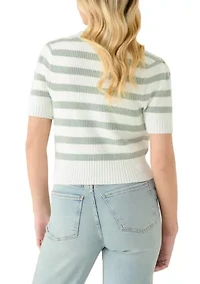 Women's Short Puff Sleeve Striped Crew Neck Sweater