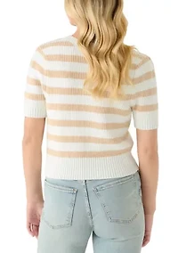 Women's Short Puff Sleeve Striped Crew Neck Sweater