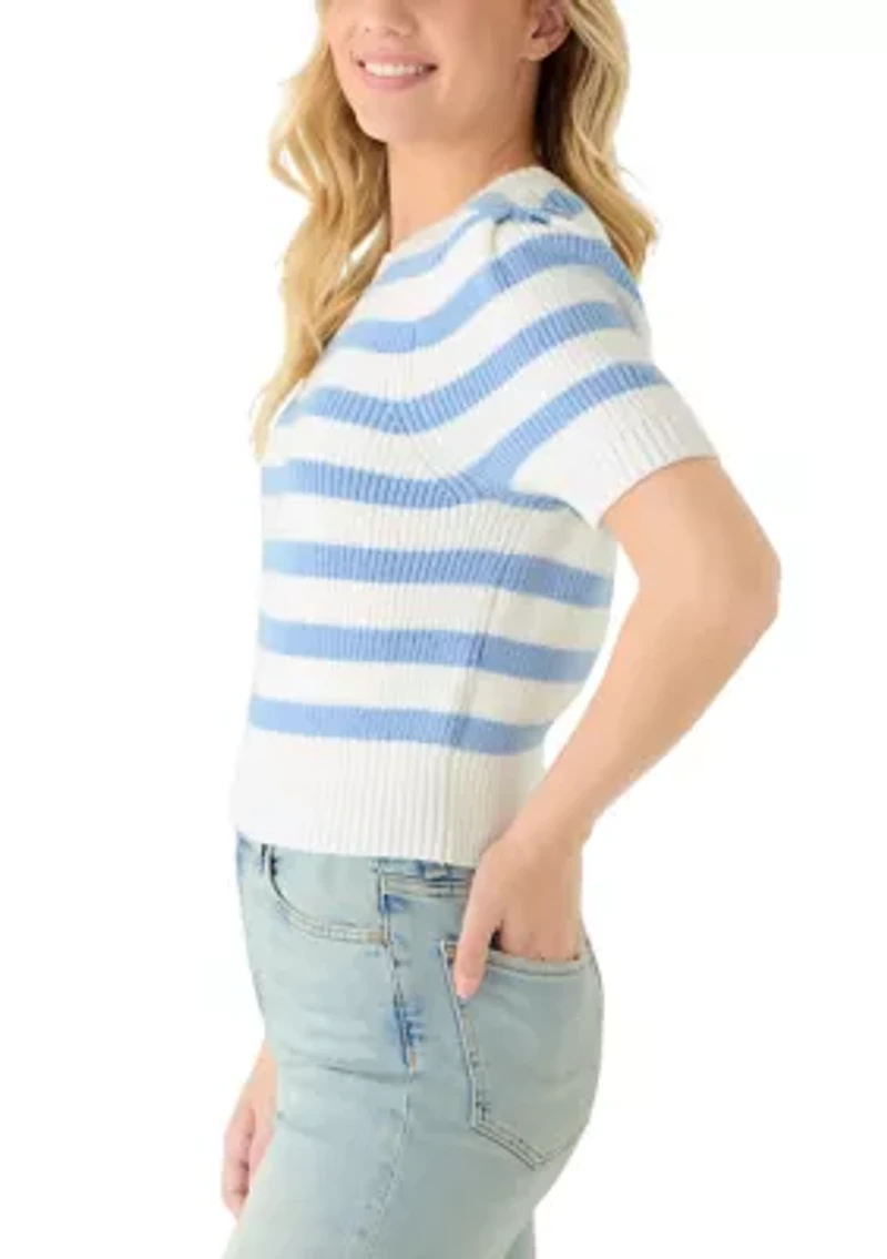Women's Short Puff Sleeve Striped Crew Neck Sweater
