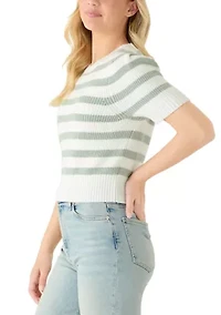 Women's Short Puff Sleeve Striped Crew Neck Sweater