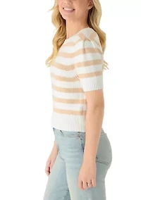 Women's Short Puff Sleeve Striped Crew Neck Sweater