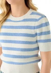 Women's Short Puff Sleeve Striped Crew Neck Sweater