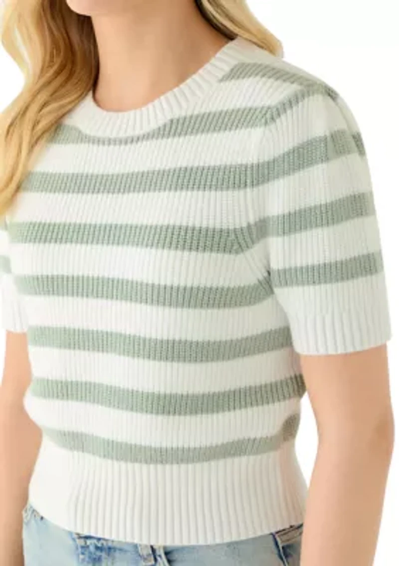 Women's Short Puff Sleeve Striped Crew Neck Sweater