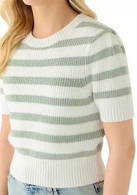 Women's Short Puff Sleeve Striped Crew Neck Sweater