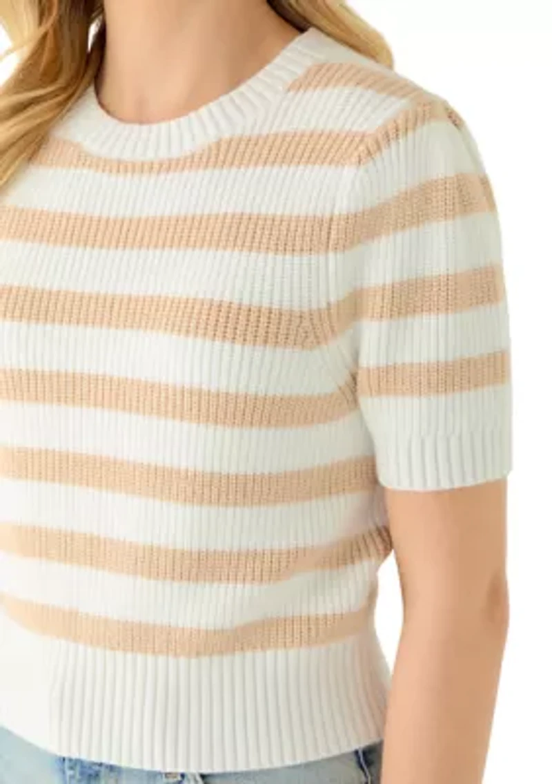 Women's Short Puff Sleeve Striped Crew Neck Sweater