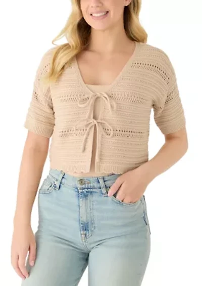 Women's Short Sleeve V-Neck Tie Front Cardigan