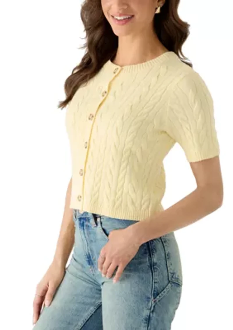 Women's Short Sleeve Crew Neck Cable Knit Cardigan