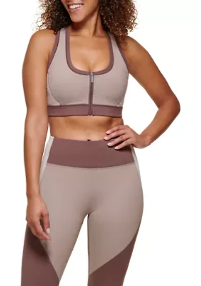 Color Block Racerback Zip Front Sports Bra