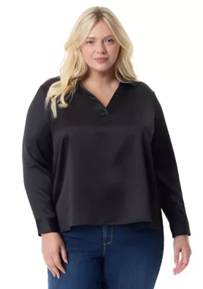 Plus Casia Long Sleeve High Low Woven Top