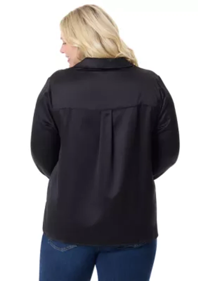 Plus Casia Long Sleeve High Low Woven Top