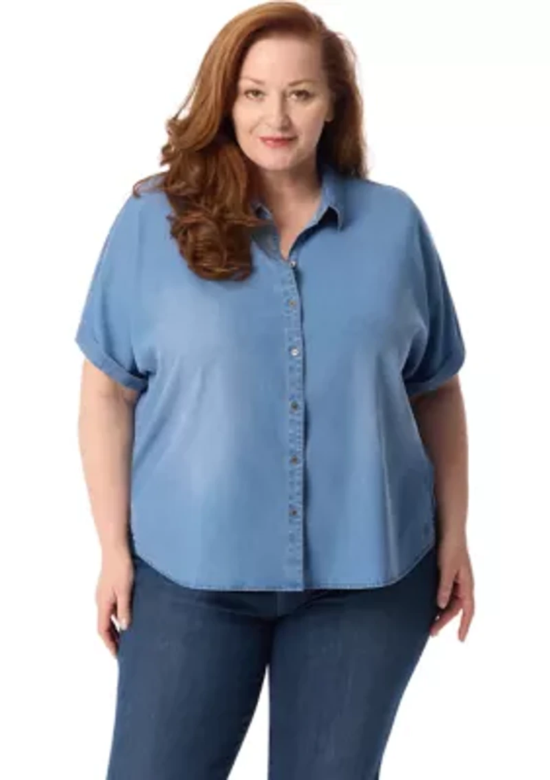 Plus Short Dolman Sleeve Woven Button Down Shirt