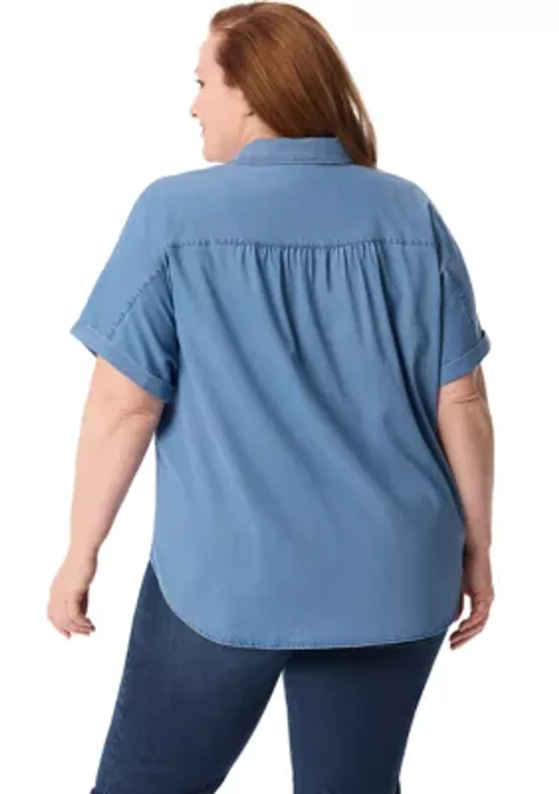 Plus Short Dolman Sleeve Woven Button Down Shirt