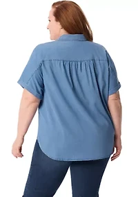 Plus Short Dolman Sleeve Woven Button Down Shirt