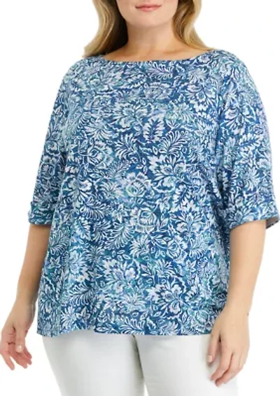 Plus Printed Boat Neck Knit Top