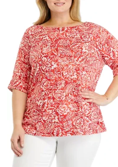 Plus Printed Boat Neck Knit Top