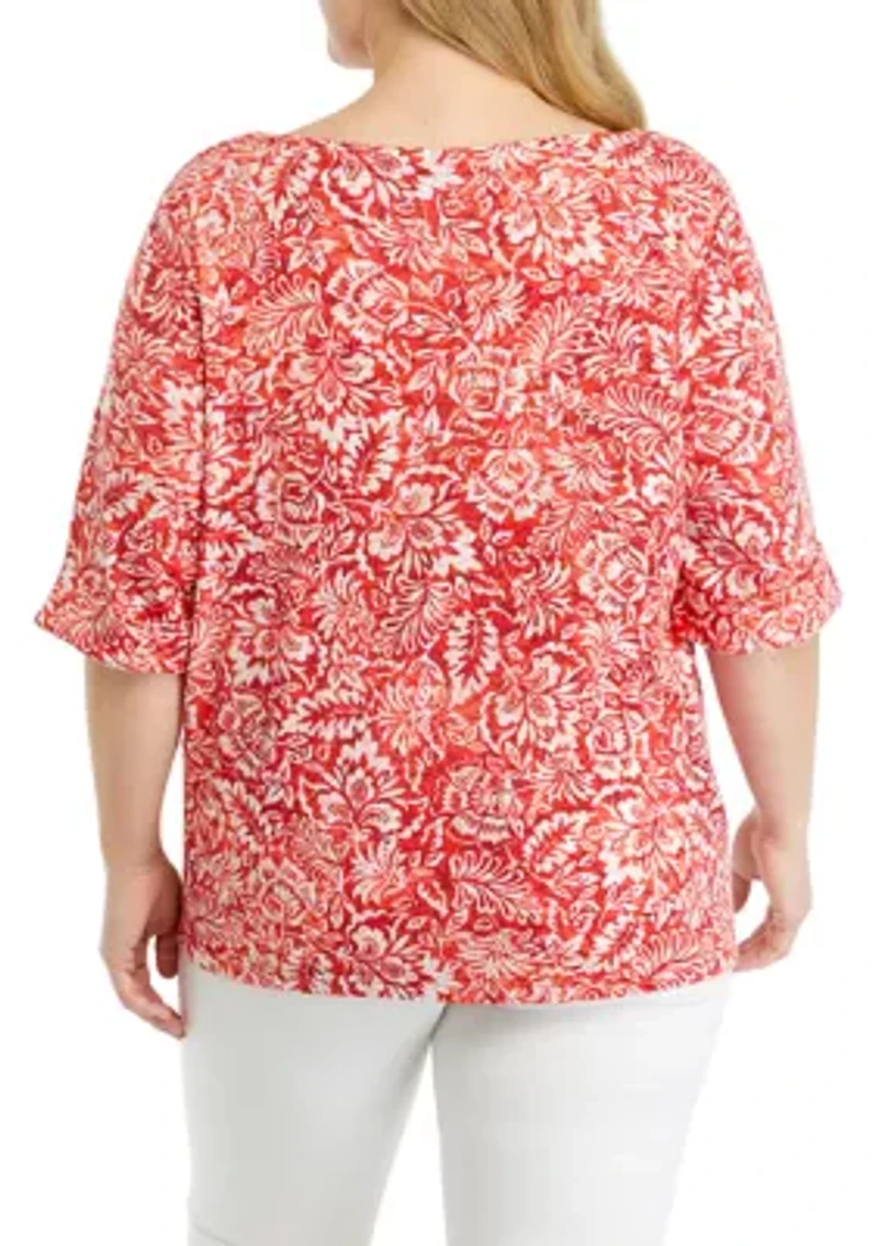 Plus Printed Boat Neck Knit Top