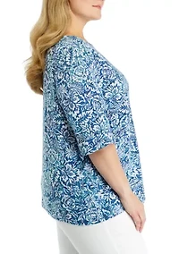 Plus Printed Boat Neck Knit Top