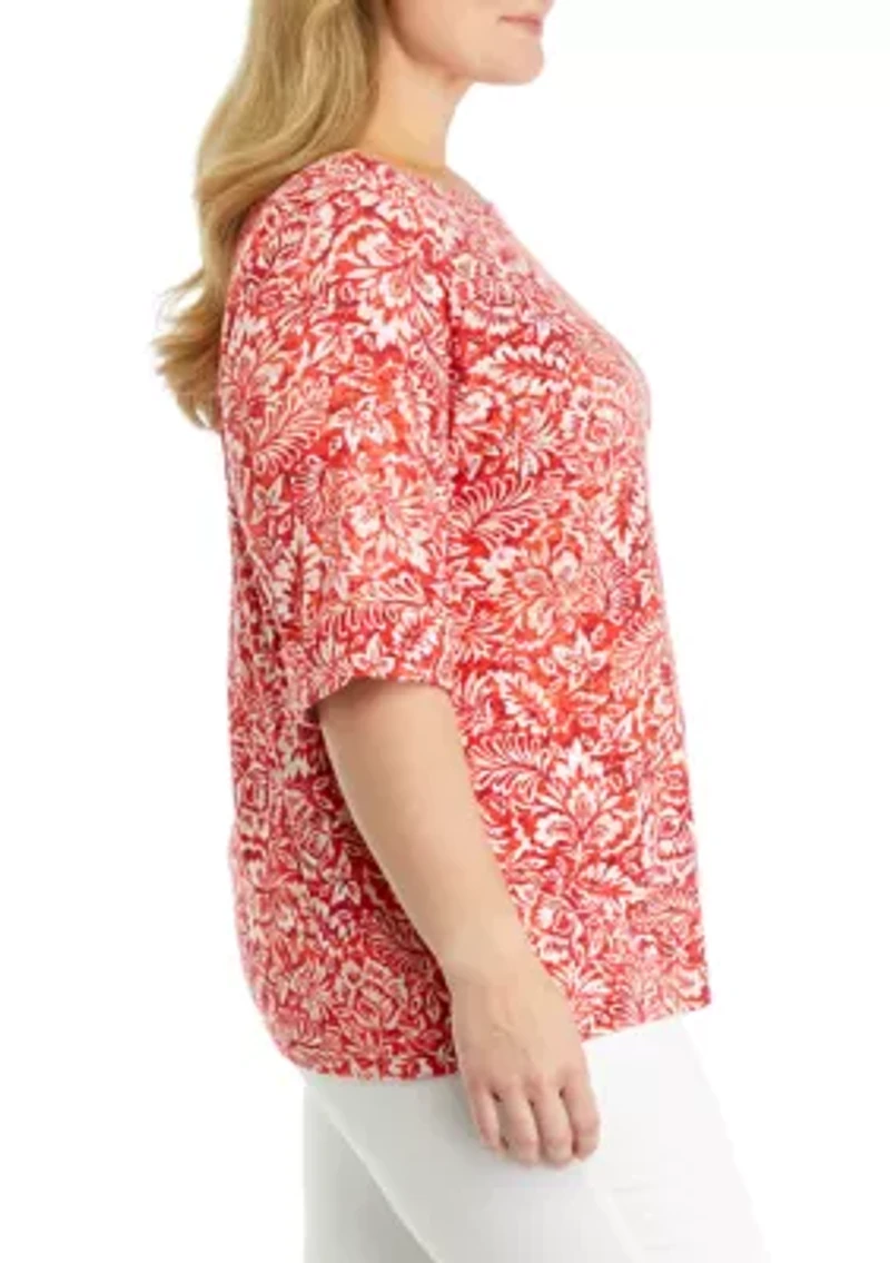 Plus Printed Boat Neck Knit Top