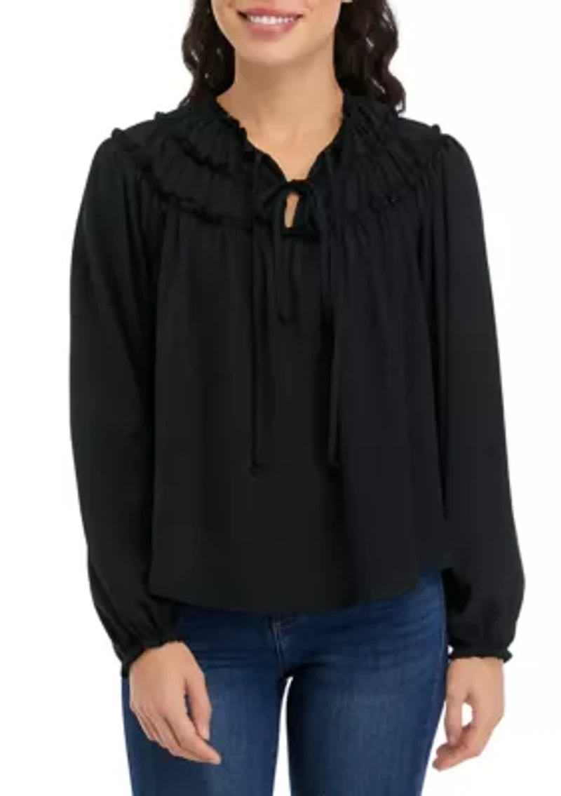 Long Sleeve Satin Ruffle Yoke Top