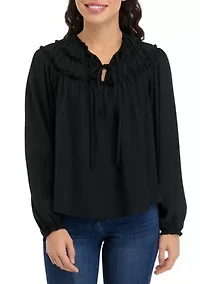 Long Sleeve Satin Ruffle Yoke Top