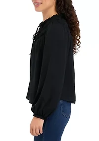 Long Sleeve Satin Ruffle Yoke Top