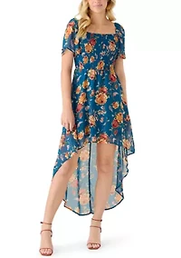 Women's Short Sleeve Smocked Hi Low Dress