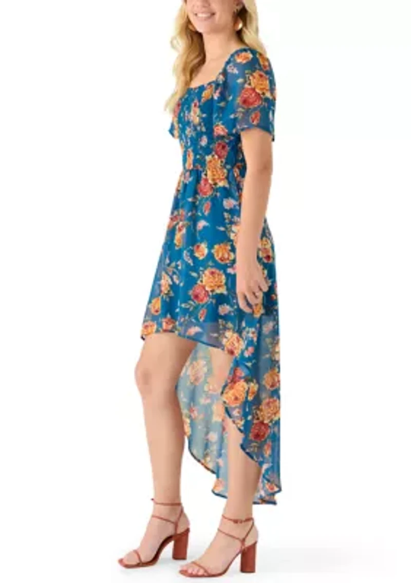 Women's Short Sleeve Smocked Hi Low Dress