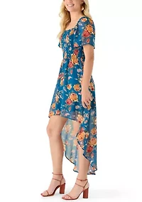 Women's Short Sleeve Smocked Hi Low Dress