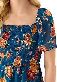 Women's Short Sleeve Smocked Hi Low Dress