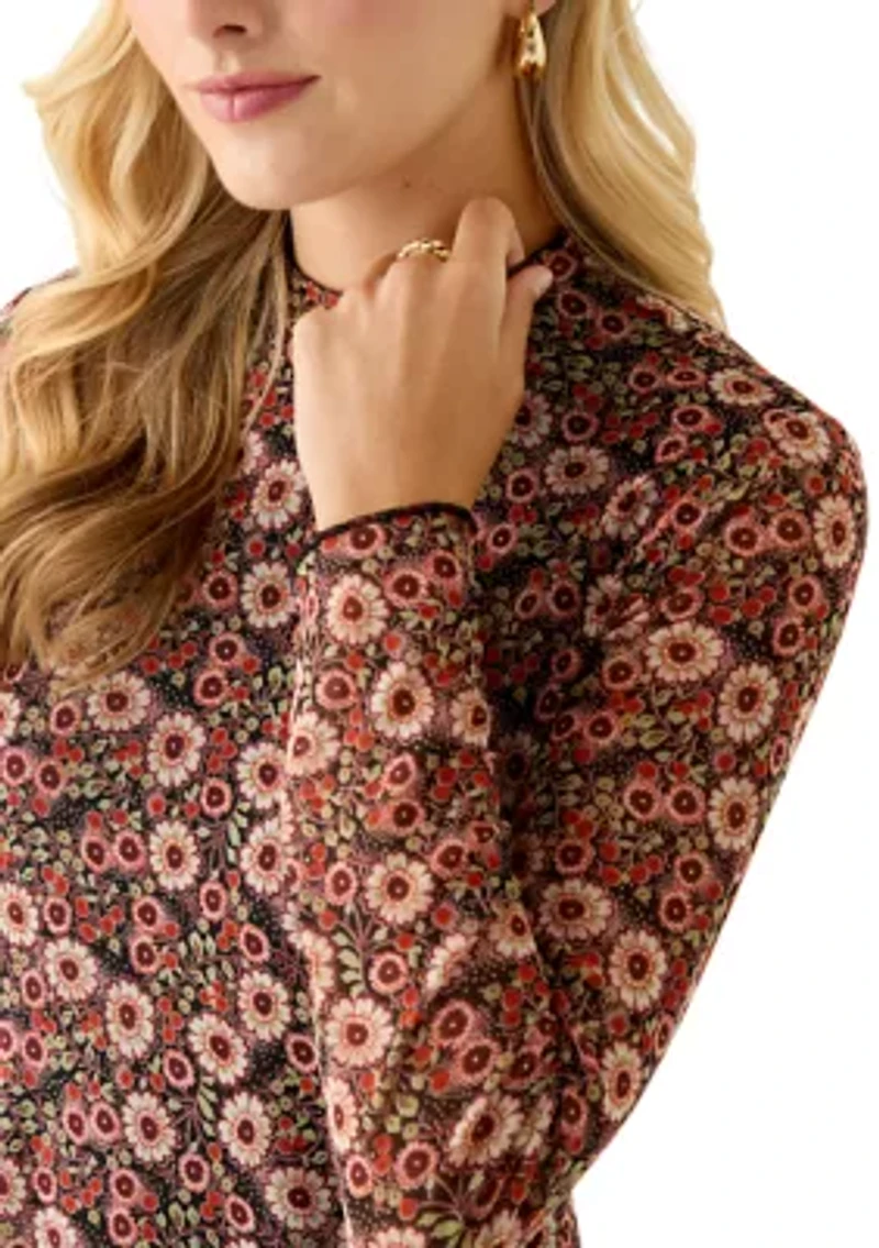 Women's Long Sleeve Mock Neck Floral Body Con Dress