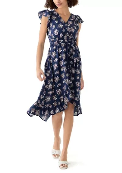 Women's Floral Printed Flutter Sleeve Midi Dress