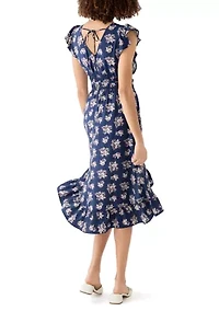 Women's Floral Printed Flutter Sleeve Midi Dress