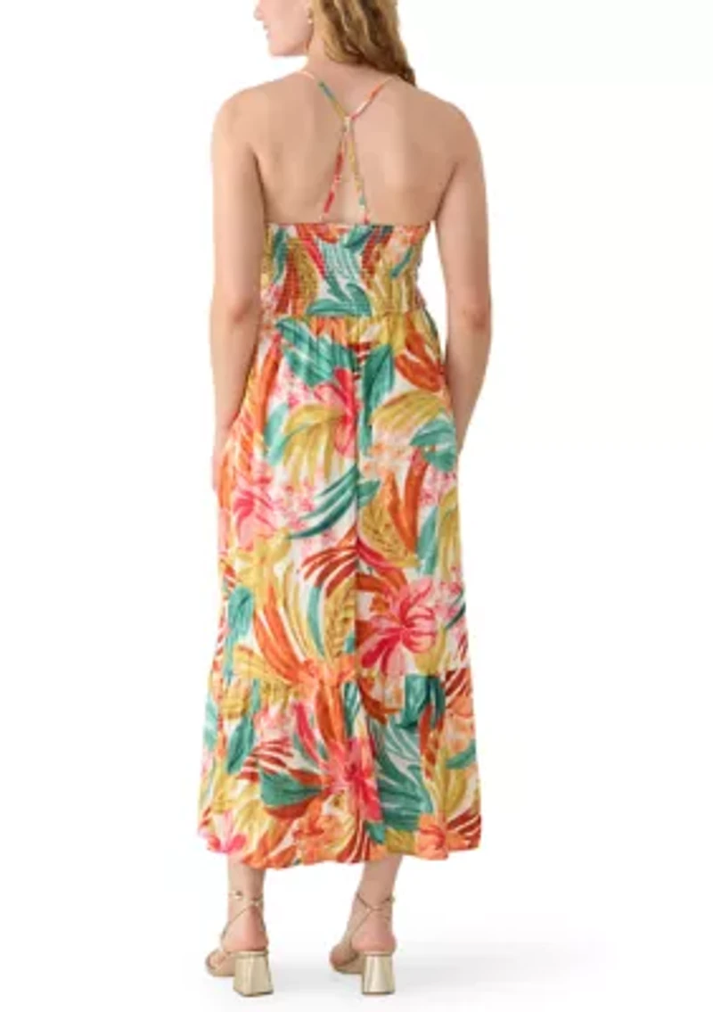 Women's Sleeveless Halter Neck Smocked Bodice Maxi Dress