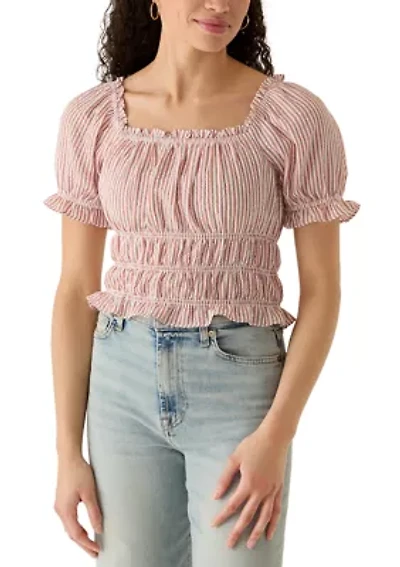 Women's Short Puff Sleeve Striped Smock Waist Blouse