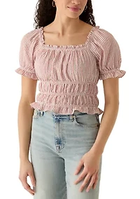 Women's Short Puff Sleeve Striped Smock Waist Blouse