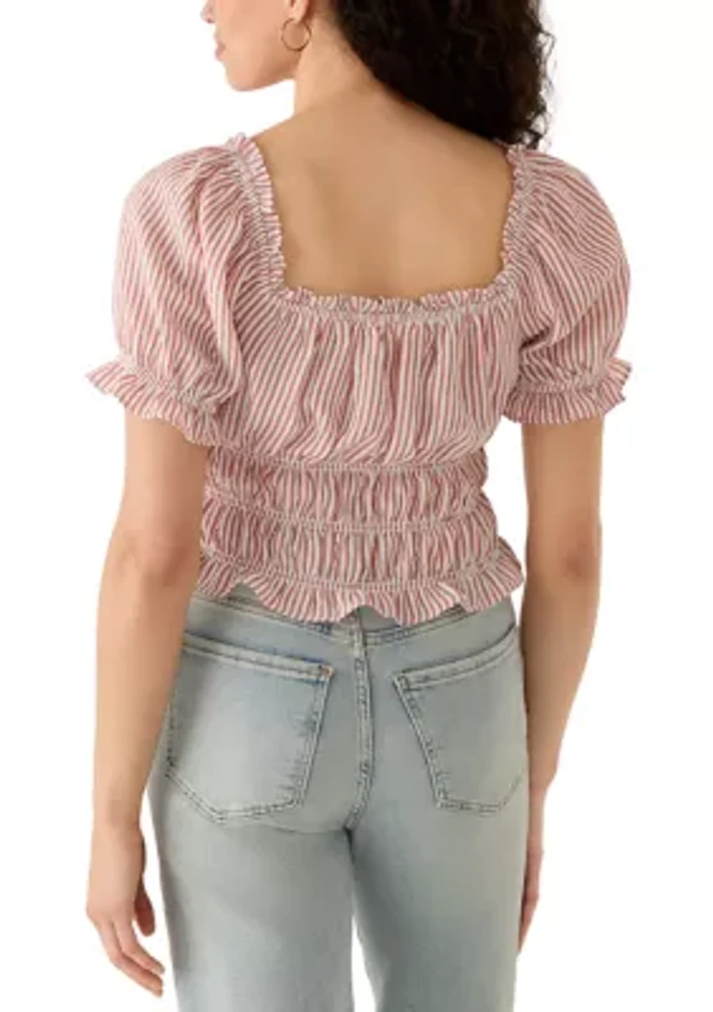 Women's Short Puff Sleeve Striped Smock Waist Blouse