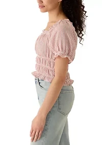 Women's Short Puff Sleeve Striped Smock Waist Blouse