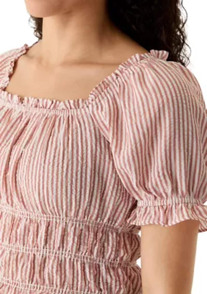 Women's Short Puff Sleeve Striped Smock Waist Blouse