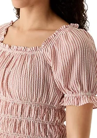 Women's Short Puff Sleeve Striped Smock Waist Blouse