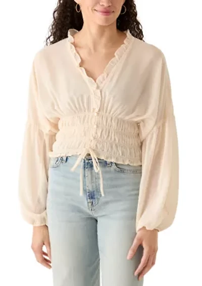 Women's Long Sleeve V-Neck Smock Waist Blouse