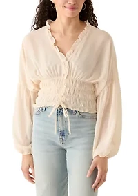 Women's Long Sleeve V-Neck Smock Waist Blouse