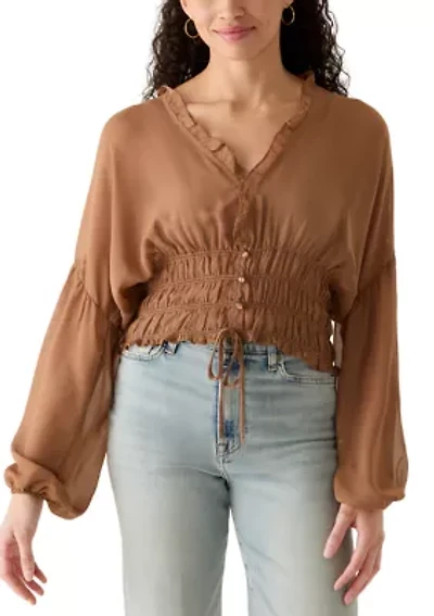 Women's Long Sleeve V-Neck Smock Waist Blouse