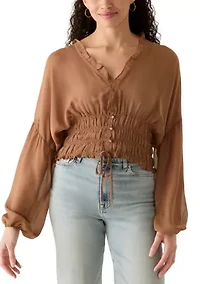 Women's Long Sleeve V-Neck Smock Waist Blouse