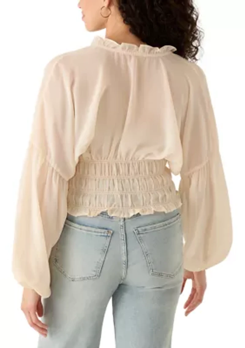 Women's Long Sleeve V-Neck Smock Waist Blouse