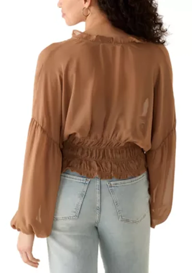 Women's Long Sleeve V-Neck Smock Waist Blouse