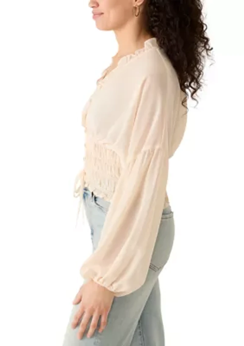 Women's Long Sleeve V-Neck Smock Waist Blouse