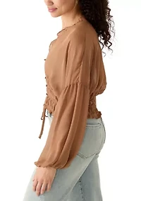 Women's Long Sleeve V-Neck Smock Waist Blouse